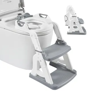 Schwänlein® Toilettenleiter für kinder, Upgraded 2-in-1 Toilettensitz Kinder mit Treppe Toilettensitz Kinder mit Gepolstertem Sitz, Spritz- und Stabilen Rutschfester Tritt (Grau)