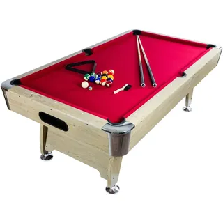 GAMES PLANET 8 ft Billardtisch Premium“ + Zubehör, 9 Farbvarianten, 244x132x82 cm (LxBxH), helles Holzdekor, rotes Tuch