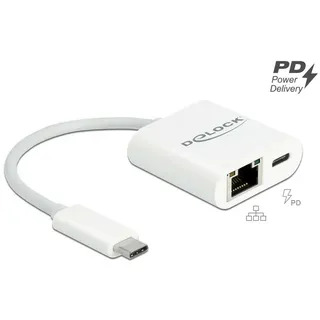 DeLock USB Type-C Adapter zu Gigabit LAN 10/100/1000 Mbps mit Power Delivery Anschluss weiß