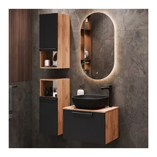 Planetmöbel Astra Badmöbel Set mit Waschtisch 60 cm mit 2X Midischrank Gold Eiche Anthrazit, Aufsatzwaschbecken 42 cm schwarz