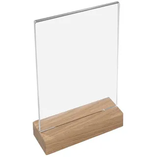 HMF 46942 Acryl Tischaufsteller mit Holzfuß DIN A5 Hochformat, Glasklar