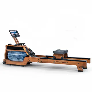 Sportstech Wasser-Rudergerät WRX500 OAK, App-kompatibel, mit Wassertank, mit LED-Knopf, mit 6-fach Wasserwiderstand, mit Display, mit Tablet-Halterung, vertikal verstaubar