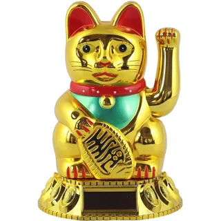 Freak Scene Glückskatze - Maneki-Neko - Winkekatze Solar - runder Sockel - 18 cm - Gold