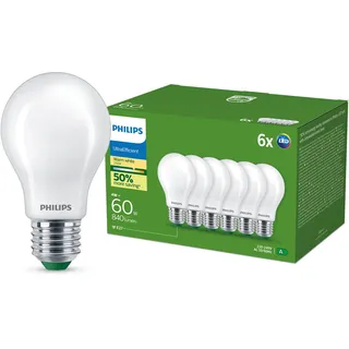 Philips Ultra Efficient LED Glühbirne, E27, Matt, 6er Pack | Energiesparlampe mit Energieeffizienzklasse A, Warmweiß 2700 K, 60 W