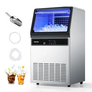Vevor Kommerzielle Eismaschine Eiswürfelmaschine 59 kg/Tag mit 15 kg Speicher, Freistehender und unter der Theke Stehender Eiswürfelbereiter aus Edelstahl mit LED-Anzeige & Selbstreinigung