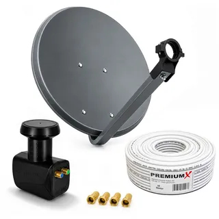 PremiumX Satelliten-Komplettanlage 45cm SAT Antenne Twin LNB 10m Koaxialkabel 4x F-Stecker 2 Teilnehmer