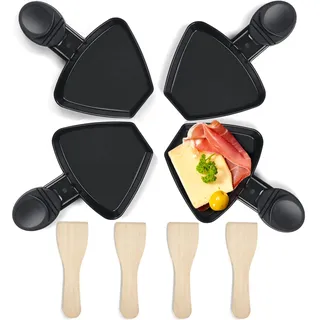 Raclette Pfännchen Ersatz 4er Set mit Holzschabern, Raclette Schälchen | Raclette Zubehör mit 4 schwarzen Mini Pfännchen und 4 Holzschabern für Käse, Gemüse, Eier & mehr
