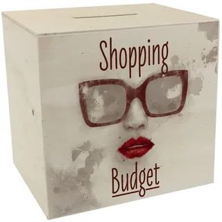 Spardose aus Holz mit coolem Sonnenbrillenmotiv und Spruch - Shopping Budget eine schöne Spardose aus Holz im Used Look um Geld für den nächsten Shoppingtrip anzusparen als Cooles