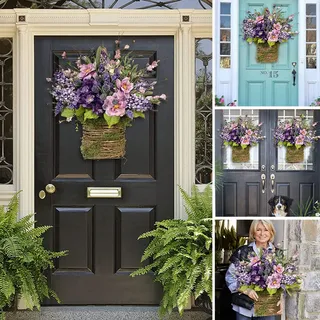 PERZOE Künstlicher Lavendel Türkranz Frühling Sommer Grüner Kranz Tür Hängekorb Kranz für Haustür Wand Zuhause Hochzeitsfeier Dekoration Violett