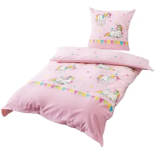JACK Kinderbettwäsche JACK by Bierbaum Einhorn Kinder Biber Bettwäsche 2 tlg. 135x200cm, Biber, 2 teilig, Unicorn Einhörner mit bunten Herzen, wunderschöne Kinder-Bettwäsche rosa