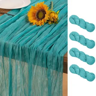 DeZerlor Seihtuch-Tischläufer, 4 Stück, Herbst-Tischläufer, Boho-Gaze, 308 cm, türkis, Käsetuch, Herbst-Tischdekorationen für Thanksgiving, Hochzeit, Brautparty, Babyparty, Teeparty-Dekoration