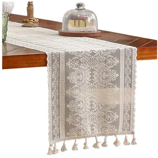 Refttenw Tischläufer Boho Tischläufer Vintage mit Fransen Häkelspitze Tischdecke, für Couchtisch, Esstisch, Hochzeit, Partys 35 cm x 180 cm