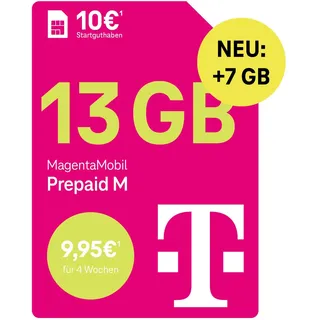 Telekom MagentaMobil Prepaid M mit 13 GB Highspeed-Volumen | 5G/LTE Max & Allnet Flat in alle dt. Netze | unverbrauchtes Datenvolumen weiter nutzen | EU Roaming & Hotspot Flat | 10 EUR Startguthaben