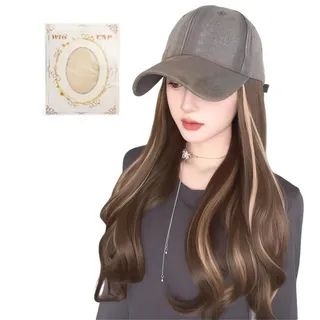 Dame Parrucca-Hut-Kombination (Lange Lockig), 50cm, Wig Cap, Mütze Mit Haaren, Wig Cap Für Perücken, Alle Jahreszeiten, Natürlich, Bequem, Stilvoll, Atmungsaktiv, Schlankernd, Ideal Als Geschenk