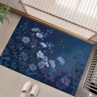 GDJSMIN Fußmatte Innen Und Außen 90 X 150 cm,Blumen Gras Muster rutschfeste Fußmatte Outdoor,Fantasy-Gartenszenefussmatte Aussen Gummi,Schmutzfangmatte Waschbar,Fussmatten Haustür, Indigo