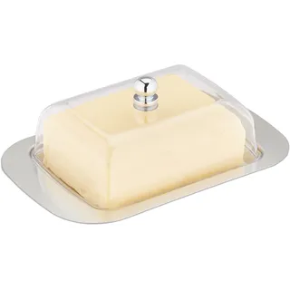 Relaxdays Butterdose Edelstahl & Kunststoff, 250 g Butter, 7x18,5x12 cm, Butterschale, Silber/transparent