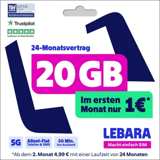 LEBARA Handytarif Hello! 20 | 20 GB Datenvolumen | 5G | 4,99€ mtl. | Allnet-Flat | 50 Auslandsminuten | Inkl. SIM-Karte