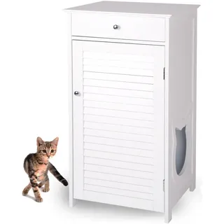 wondermake® Katzenschrank für Katzentoilette groß hoch aus Holz, Katzenklo-Schrank Kommode mit Schublade und Tür geschlossen, Design Katzen-Haus Toilette Klo XL, 51 x 46 x 96 cm, weiß