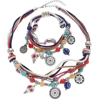 LASCANA Schmuckset Bettlerarmband und Halsketten Set, Mit vielen kleinen Anhängern blau|rot