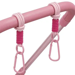 2 Stück Kinderwagen Haken aus Netzstoff und Kordel, Universeller Taschenhalter und Organizer für Reisebuggy und Kinderwagen, Farbe: Rosa