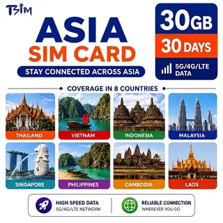 Asia SIM-Karte 30 Tage 30 GB | In Asien verbunden bleiben (Thailand, Vietnam, Indonesien, Malaysia, Singapur, Philippinen, Kambodscha & Laos) | Schnelles 4G/5G Datenvolumen | Hotspot | 24x6 Support