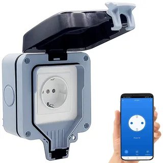 Luminea Home Control Outdoor-WLAN-Aufputzsteckdose, Sprachsteuerung, Verbrauchsmesser, App
