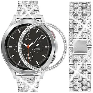 DEALELE Armband Kompatibel mit Samsung Galaxy Watch 4 Classic (46mm), 20mm Luxus Diamant Metall Armbänder mit Strass Watch Face Bezel Ring Schutzhülle Ersatz für Damen Herren, Silber