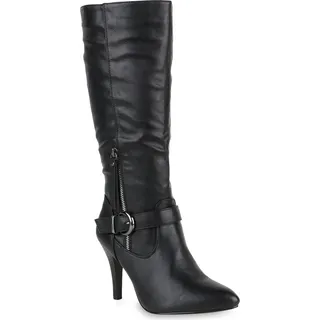 Stiefelparadies Mytrendshoe Klassische Stiefel Damen Boots High Heels Schnallen 818980, Farbe: Schwarz, Größe: 38 - Schwarz