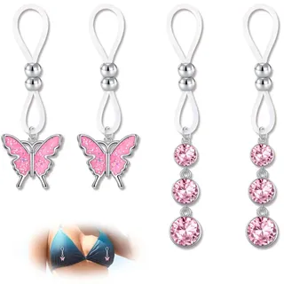 WillTen 2Pairs Fake Nipple Piercing mit rosa Schmetterling Dangles, Verstellbarer Nippel-Schmuck ohne Piercing Clip auf Nippel-Ringe, Sparkling Faux Body Piercing Kleidung Zubehör für Frauen