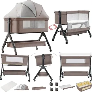 Doraystar Beistellbett Baby mit Rollen, Faltbar Co-Sleeping Babybett, Convertible Stubenwagen Baby Kleinkind Wiege mit Matratze (X3 Khaki)