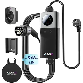 QIAO Typ 2 Ladekabel Schuko 3,68kW 6,5M, 1-phasig 8-16A, Tragbare EV Ladestation mit LED-Anzeigen, Aufbewahrungstasche, Kabelhalter, Halterung, 16A Mobile Wallbox für den Heimgebrauch im Freien