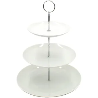 Dekohelden24 Etagere aus Porzellan, dreistöckig, silberner Etagerenstab, weiße Porzellanteller, Größe: H/Ø ca. 35 x 26 cm
