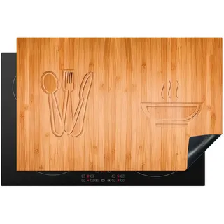 KitchenYeah© Herdabdeckplatte Einteilig Induktionsmatte Küche Abdeckung Ceranfeld Herd Abdeckplatte Deko Vinyl Matte Aufrollbar Holz Druck - Besteck - Suppe - 81.6x52.7 cm