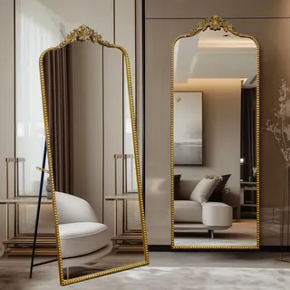 G-LEAF 76cm x 190cm Barock Bogen Ganzkörperspiegel, Vintage Gewölbter Standspiegel, Groß Antiker Wandspiegel zum Stehen, Anlehnen oder Hängen, Bodenspiegel für Schlafzimmer, Wohnzimmer,Gold