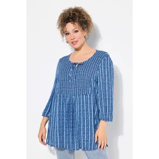 Ulla Popken Damen große Größen Übergrößen Plus Size Smok-Tunika, Blüten, A-Linie, Rundhals, 3/4-Arm lichtblau 46+ 834994720-46+ - 46-48