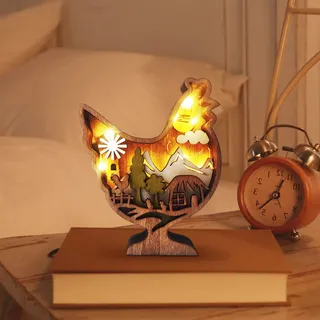 ACAREY Ostern Deko Figuren aus Holz, 3D Hohle Osterhasen Deko Osterdeko Figuren mit LED, Holz Ostern Hase Deko, Oster Deko Hase Figure Für Dekoration, Frühlingsdeko, Tisch Deko, Geschenk (Huhn)