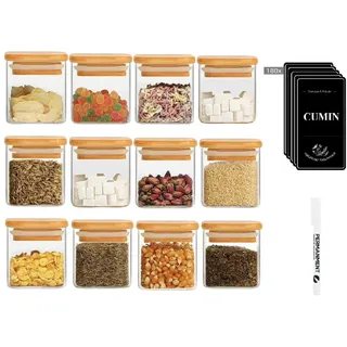 Gewürzgläser Eckig 12er Set,120ml Gewürz Organizer Gewürzdosen Set Bambusdeckel,Gewürzstreuer Glas Gewürzbehälter mit Etiketten und Weißem Kreidestift Spice Jars