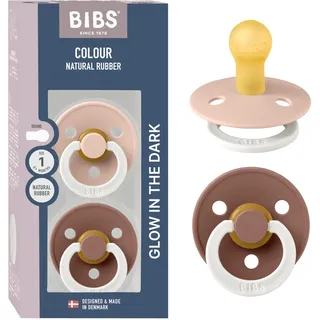 Bibs Colour Glow Schnuller 2er-Pack. Latex Größe 1, Blush/Woodchuck