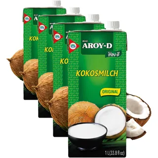 Aroy-D Kokosnussmilch – Kokosmilch zum Kochen und Backen – Ideal für Desserts, Suppen, Smoothies und Cocktails – 1 x 1 l (Packung mit 4)