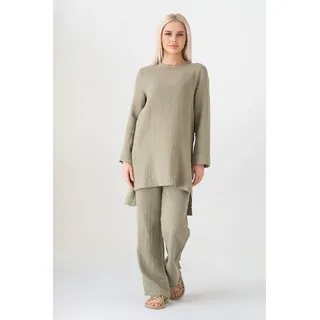 WENOR Hosenanzug Tunika Set aus Musselin 100 % Baumwolle Modest Fashion (Zweiteilig, 2-tlg., Tunika & Hose) Verlängertes Rückenteil, Zweiteiler mit Tunika und weiter Hose grün 2 (38-40)
