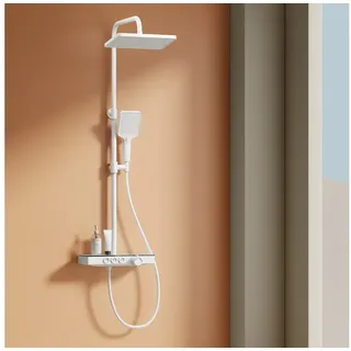 EMKE Emke, Duschsystem mit Thermostat Handbrause, - Regendusche(3 Strahlstärken) + Unterer Auslass, Weiss