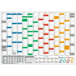 LYSCO Wandkalender Rainbow Wandplaner 2026 gefaltet, DIN A1 Format (594 x 841 mm) - DIN A2 Format (420 x 594 mm) Darstellung 14 Monate mit Jahresvorschau Folgejahr, und Ferientermine / Feiertage aller Bundesländer