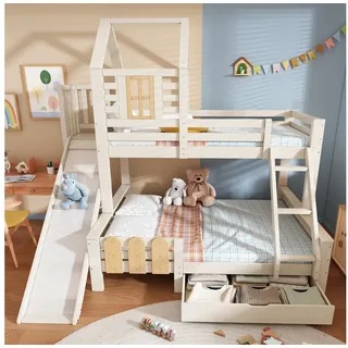MODFU Hochbett mit Rutsche & Leiter (Hochbett, Etagenbett, 1-St., 90*200, 140*200 cm, mit Schublade) 3-in-1 Schlaf, Spiel & Stauraum