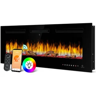 Kesser KESSER® Elektrokamin Wandkamin Elektrischer Kamin mit Heizung 9 Farbmodi LED flammeneffekt, 900/1800 W Kaminofen Wand und einbaukamin Wandmontage Heizung App-Funktion Fernbedienung Touchscreen