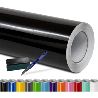 Folindo Autofolie Schwarz Glanz (15€/m2) - 100 x 152 cm - Selbstklebende Auto Lackschutzfolie mit Luftkanal Technik – Blasenfreie Auto Folierung inkl. Rakel & Cutter – Car Wrapping Folie