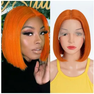 LuxusKollektion Echthaarperücke Perücke Bob Echthaar Lace Front Vorgezupft Babyhaar 20 cm S ORANGE