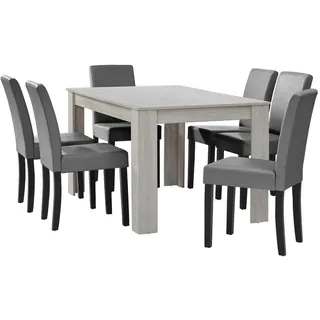 [en.casa] Esstisch Eiche weiß mit 6 Stühlen hellgrau Kunstleder gepolstert 140x90 cm