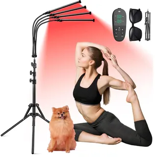 Aolawco Rotlichtlampe mit Ständer, 660nm & 850nm & 940nm Infrarotlampe, 180LEDs Rotlicht mit Fernbedienung, 4 Köpfe Lichtlampe, Red Light für Männer und Frauen Geburtstagsgeschenke