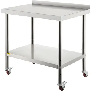 VEVOR Arbeitstisch Edelstahl, Edelstahltisch mit Höhenverstellbarer Ablage, Küchentisch mit 4 Universalräder und Aufkantung 91,4 x 61 x 89 cm, Zubereitungstisch Max. 150 kg + 50 kg Edelstahltisch