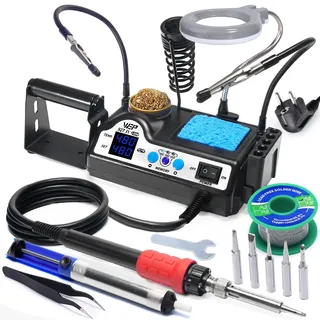 WEP 927-IV V1 lötkolben Set 110W, 3 voreingestellten Kanälen, Schlafmodus, LED-Vergrößerungsglas, 5 zusätzlichen Lötspitzen, Spitzenreiniger, 2 Helferhände, bleifreies Lötzinn, Pinzette (EU Stecker)